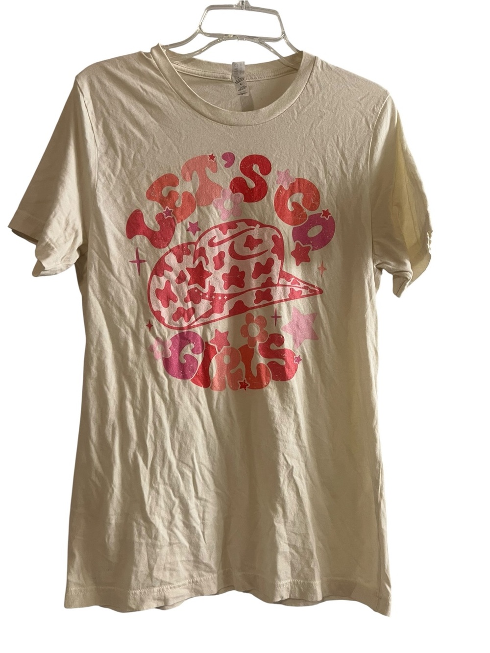 Bella+Canvas Let's Go Girls Cow Print Cowboy Hat 100% Cotton T-Shirt Medium